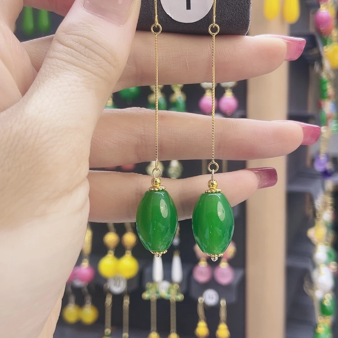 石英岩玉银S925镀金镶嵌耳环巧双层总长度8.5约