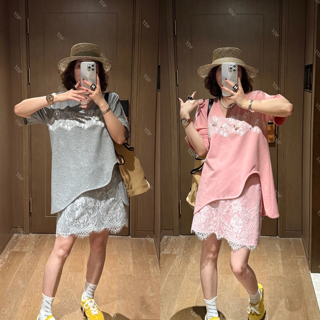 YDFSTUDIO小众【霓虹甜心】欧货高品蕾丝装饰不规则上衣+半身裙套装