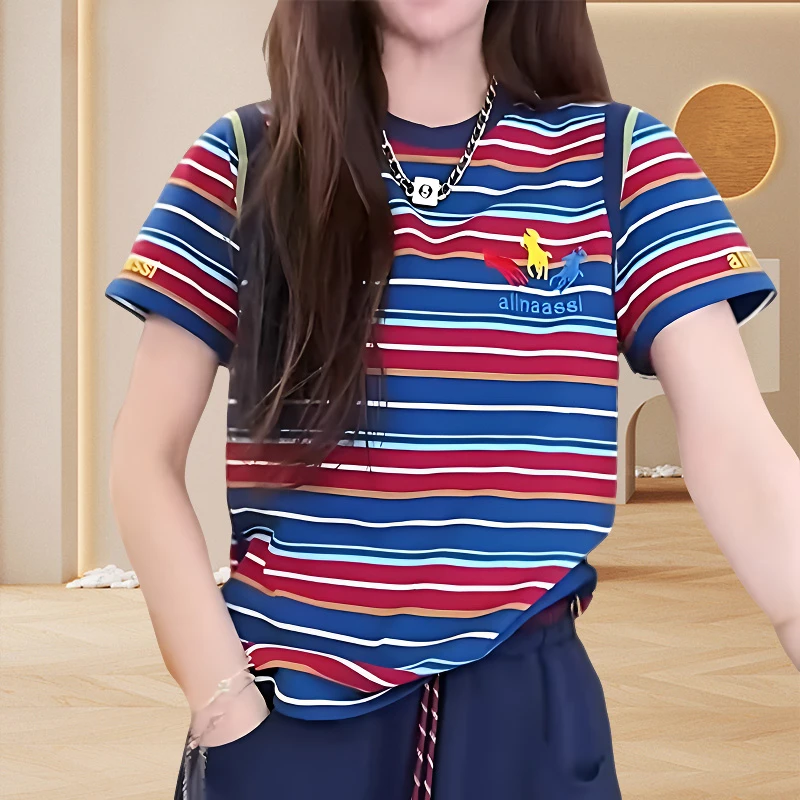 时尚彩色条纹t恤女款休闲上衣夏季新款设计感小众纯棉圆领ins短袖