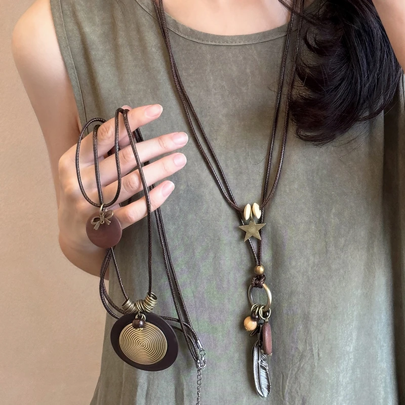 新中式禅意长款羽毛项链女复古民族风叠戴毛衣链新款波西米亚配饰
