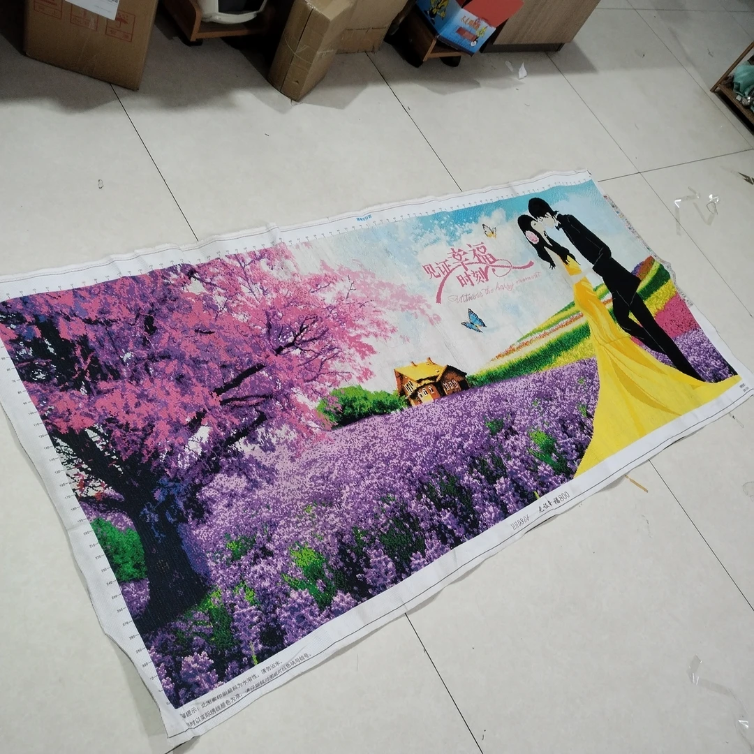 纯手工绣好的十字绣成品见证幸福时刻浪漫的薰衣草结婚喜庆客厅画