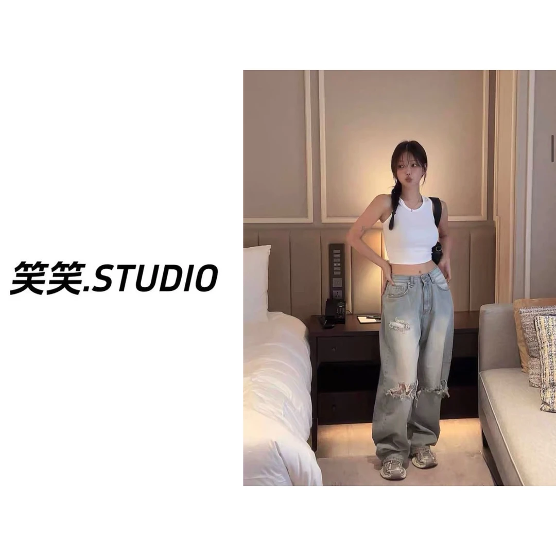 笑笑-【蕾丝破洞牛仔裤】韩系早春新款拼接蕾丝百搭减龄高腰直筒裤