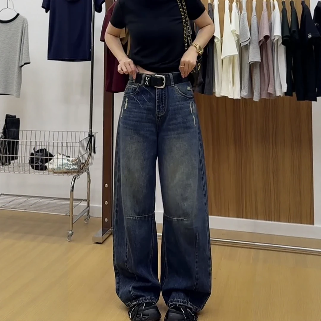 大码美式阔腿牛仔裤女秋季2025新款复古胖mm显瘦宽松直筒弯刀裤子