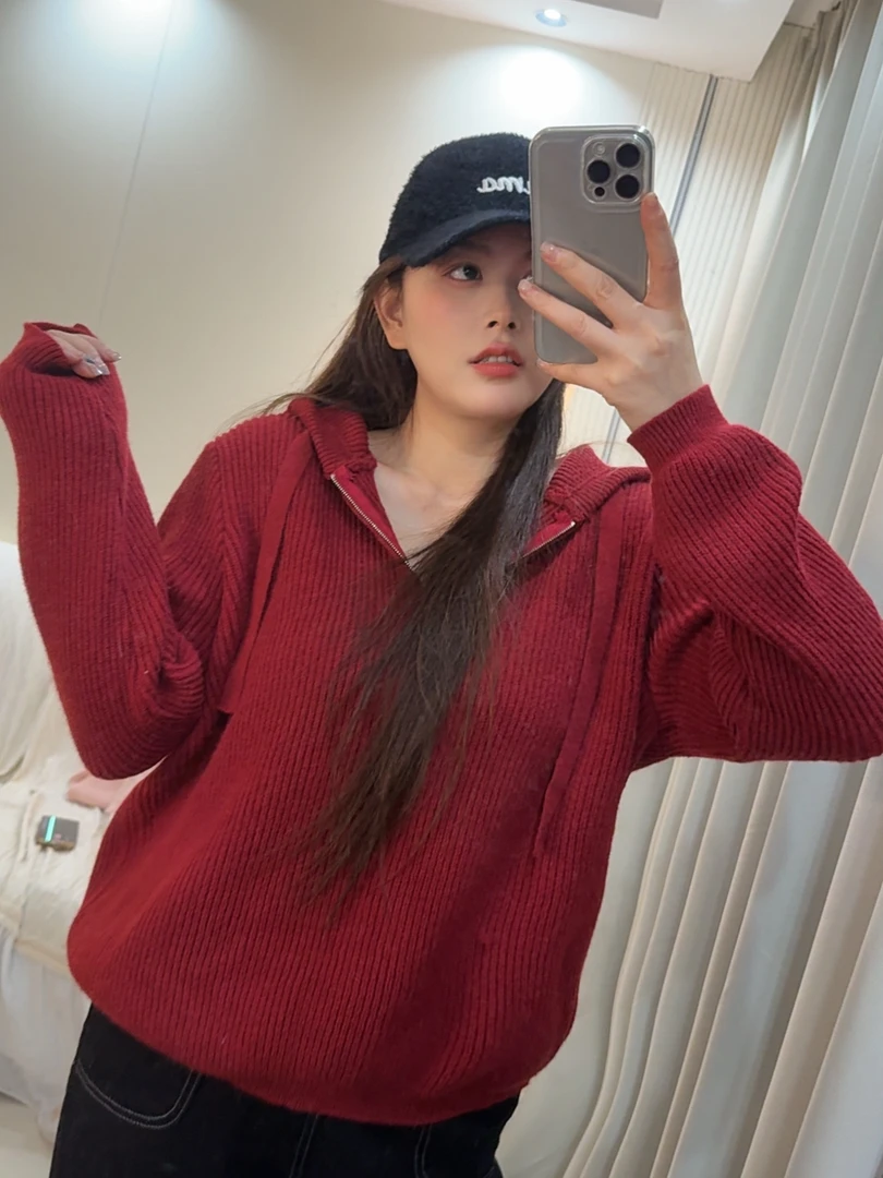 6001大码女装连帽拉链毛衣女冬季新款百搭宽松休闲上衣