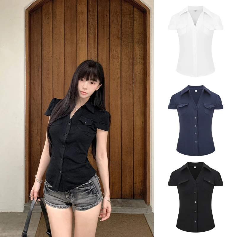 Moses Queen/魔西女王韩系掐腰修身显瘦短袖口袋收腰气质辣妹衬衫