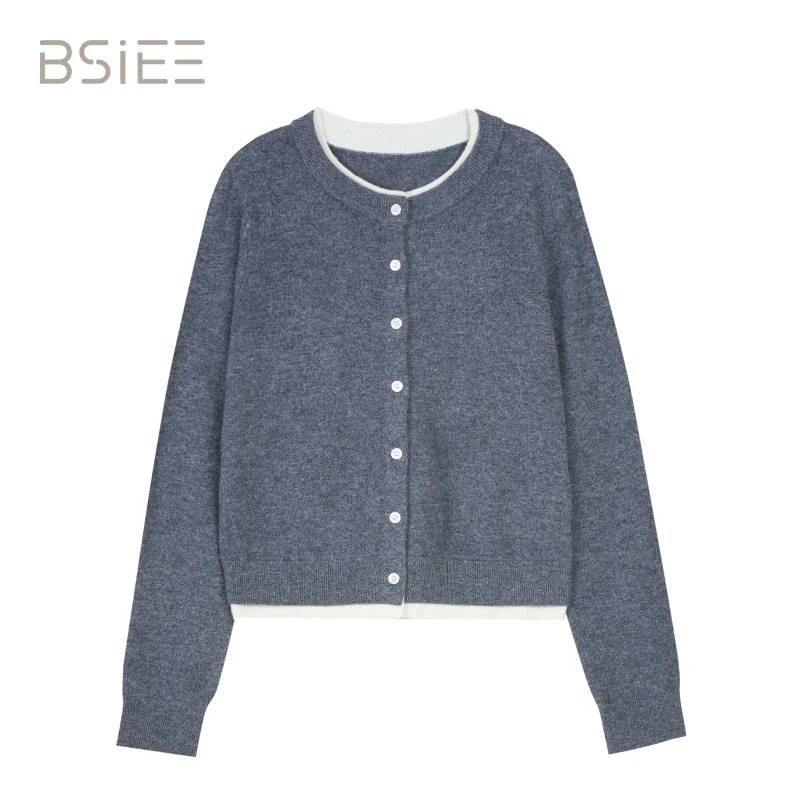 BSIEE/本涩2025年冬季新款高级感假两件撞色拼接休闲毛衣开衫