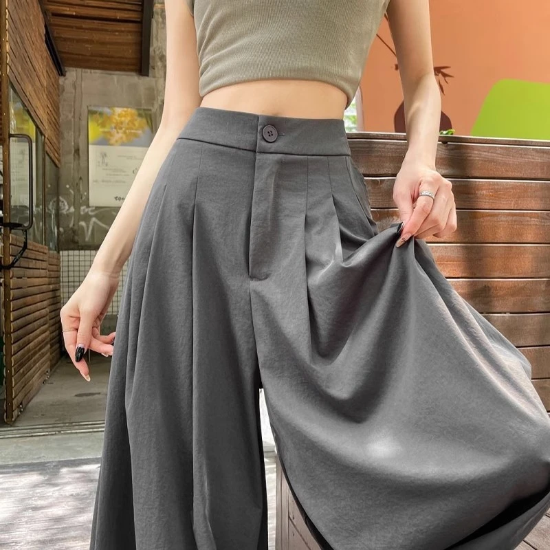 白色西装百褶裙裤女夏季2025新款高腰垂感宽松显瘦休闲直筒阔腿裤