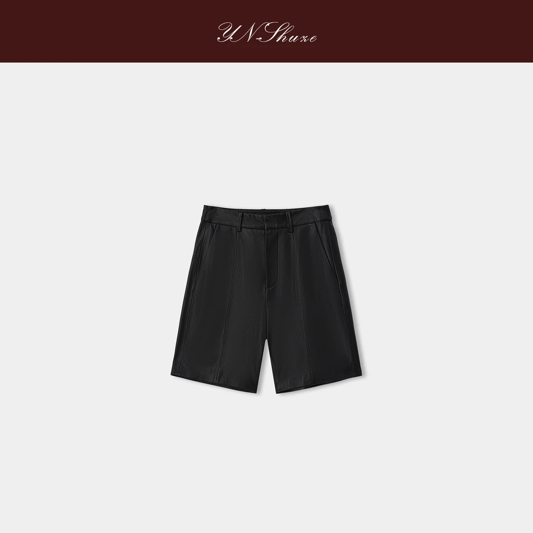 YN-SHUZE【黑曜轮廓】设计师秋款气质百搭绵羊皮短裤SZ-YNB-6610