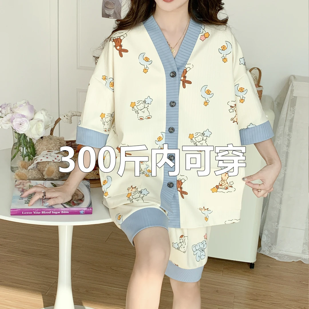 300斤胖MM大码睡衣女夏季薄款短袖短裤宽松卡通学生家居服套装女