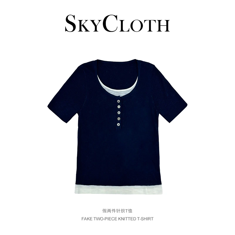 SkyCloth 春季新款低圆领假两件修身针织短袖t恤百搭上衣F25C1076