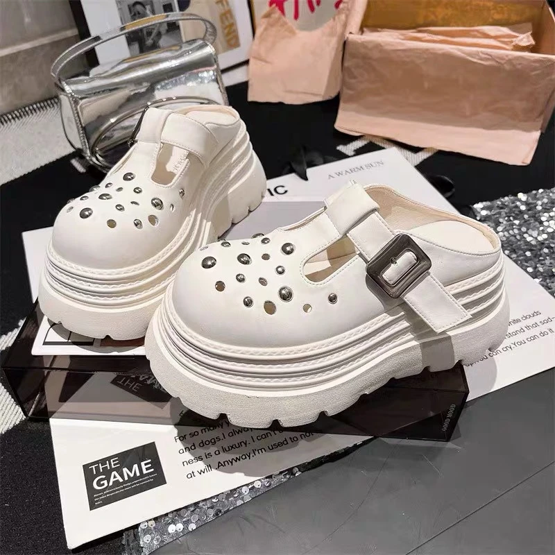 776-19包头增高半拖鞋女新款镂空洞洞松糕厚底休闲外穿罗马