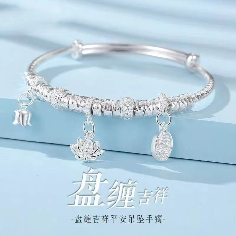 057万贯盘缠推拉可调节手镯纯银时尚百搭吉祥如意莲花结坠子