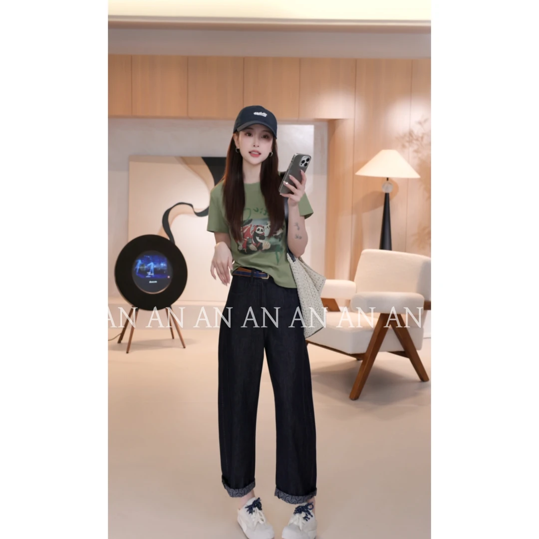 C04127休闲显瘦圆领小个子卡通熊猫字母正肩短袖小版T恤