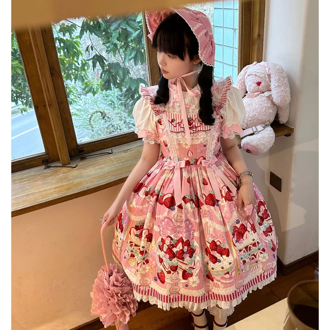 【现货】条纹草莓Lolita甜美复古早古doll感优雅洋气日常印花甜心裙