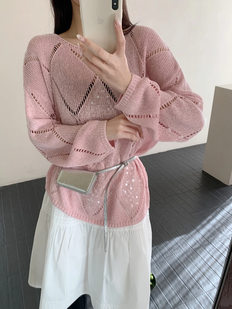 【潘潘.678869】2025年夏法式天爽亚麻欧若风纯色菱格亮片防晒针织