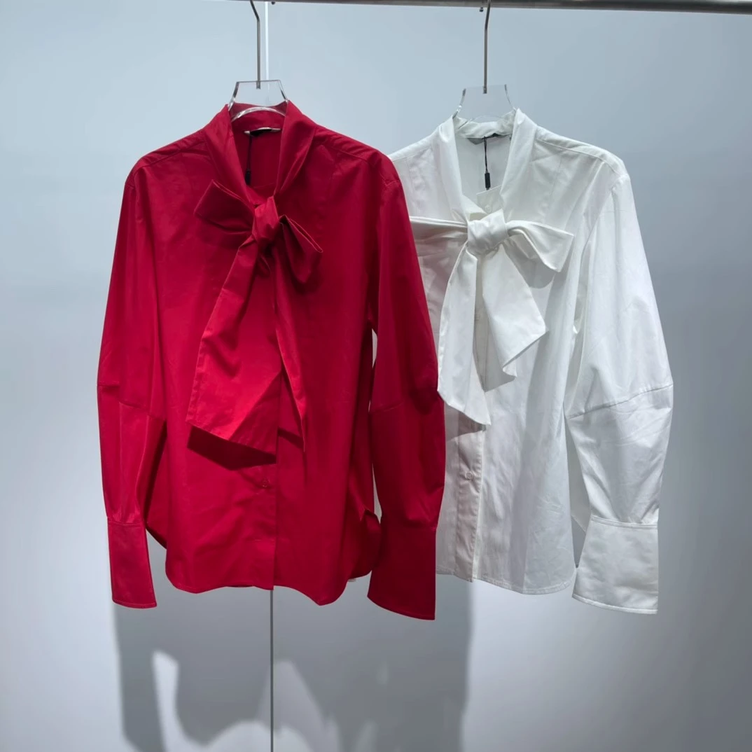 艾诺丝柜柜同款2025春新款百搭全棉蝴蝶结长袖衬衫50125101