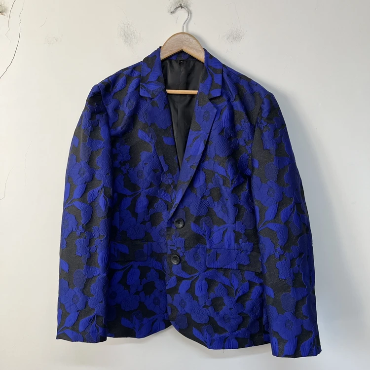 限量 蓝黑色织锦缎提花小众设计师个性休闲外套男西服装