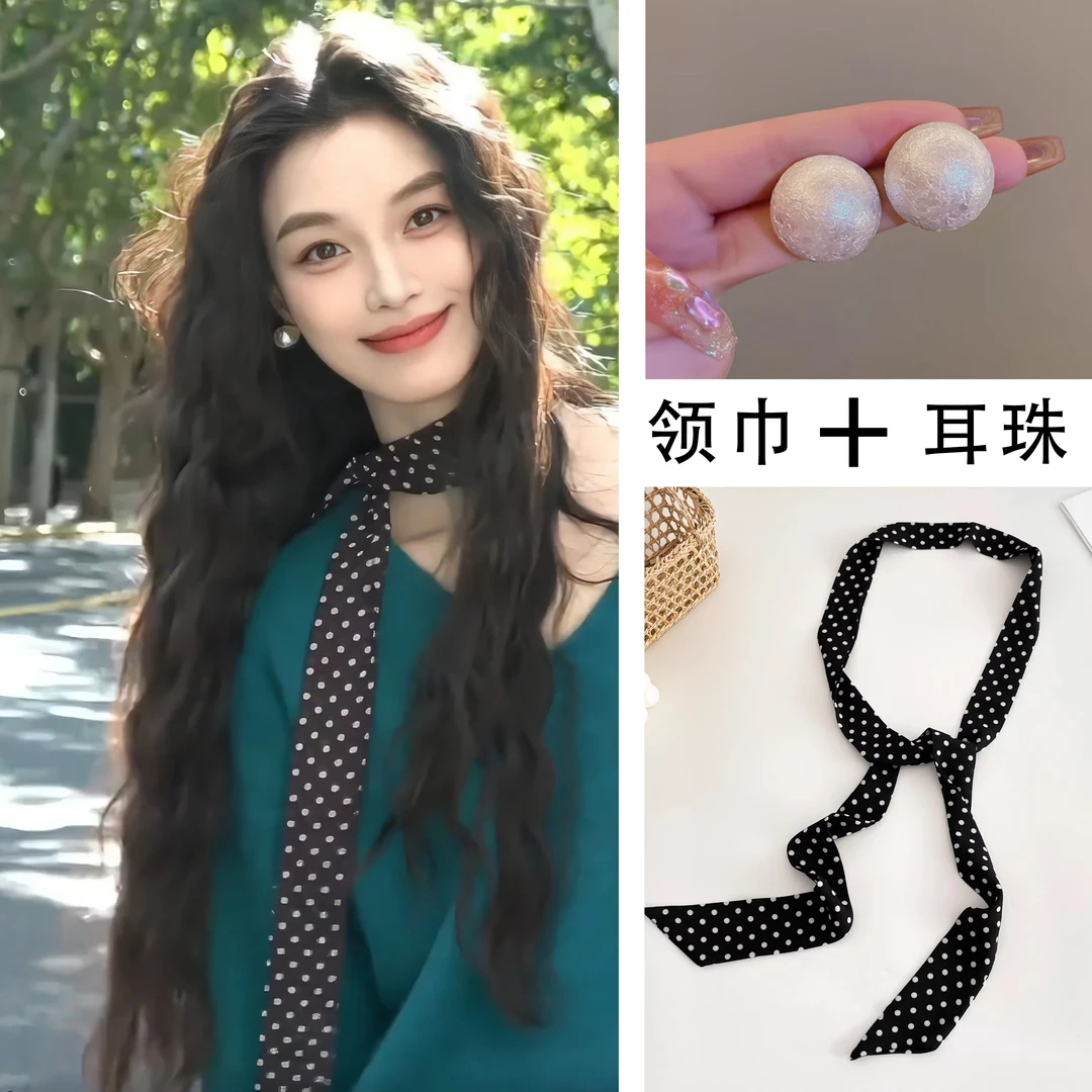 法式浪漫～黑色波点丝巾飘带圆点图案围巾窄长条长巾领带领巾女