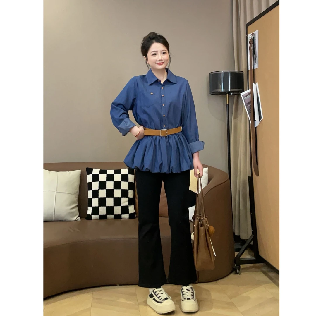 大萌萌 早秋时尚蓝色衬衫+九分微喇牛仔裤微胖显瘦套装P225C16178