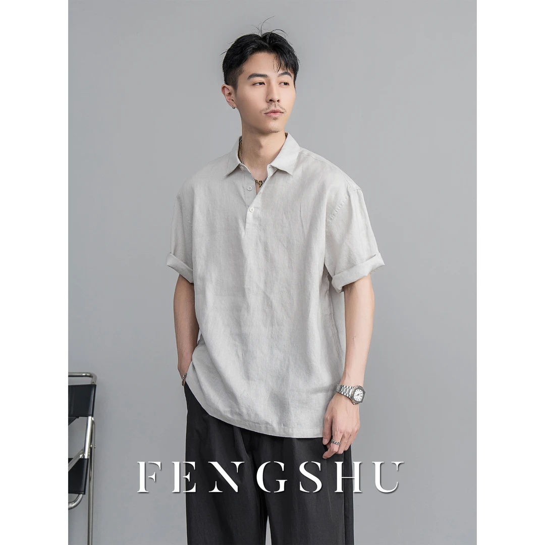 FENGSHU 夏季纯亚麻衬衫男士休闲透气轻薄复古气质薄款短袖上衣