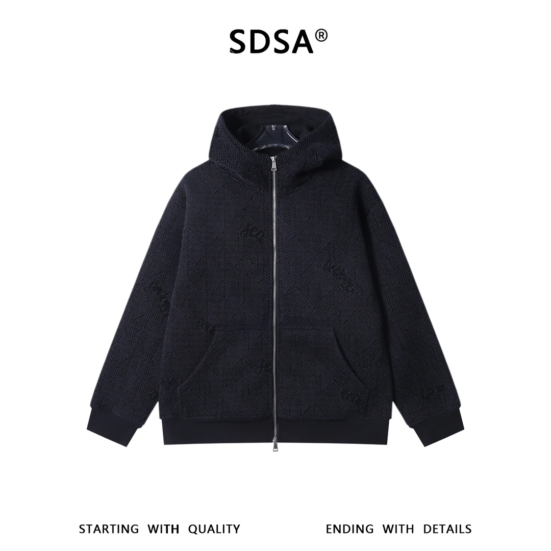 SDSA男士秋冬新款痞帅男装简约波浪线字母拉链立领连帽卫衣百搭