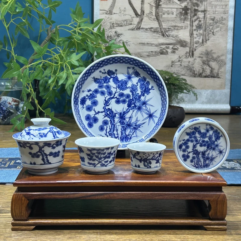 景德镇陶瓷青花岁寒三友松竹梅图茶具套组整套茶器家用高端茶器