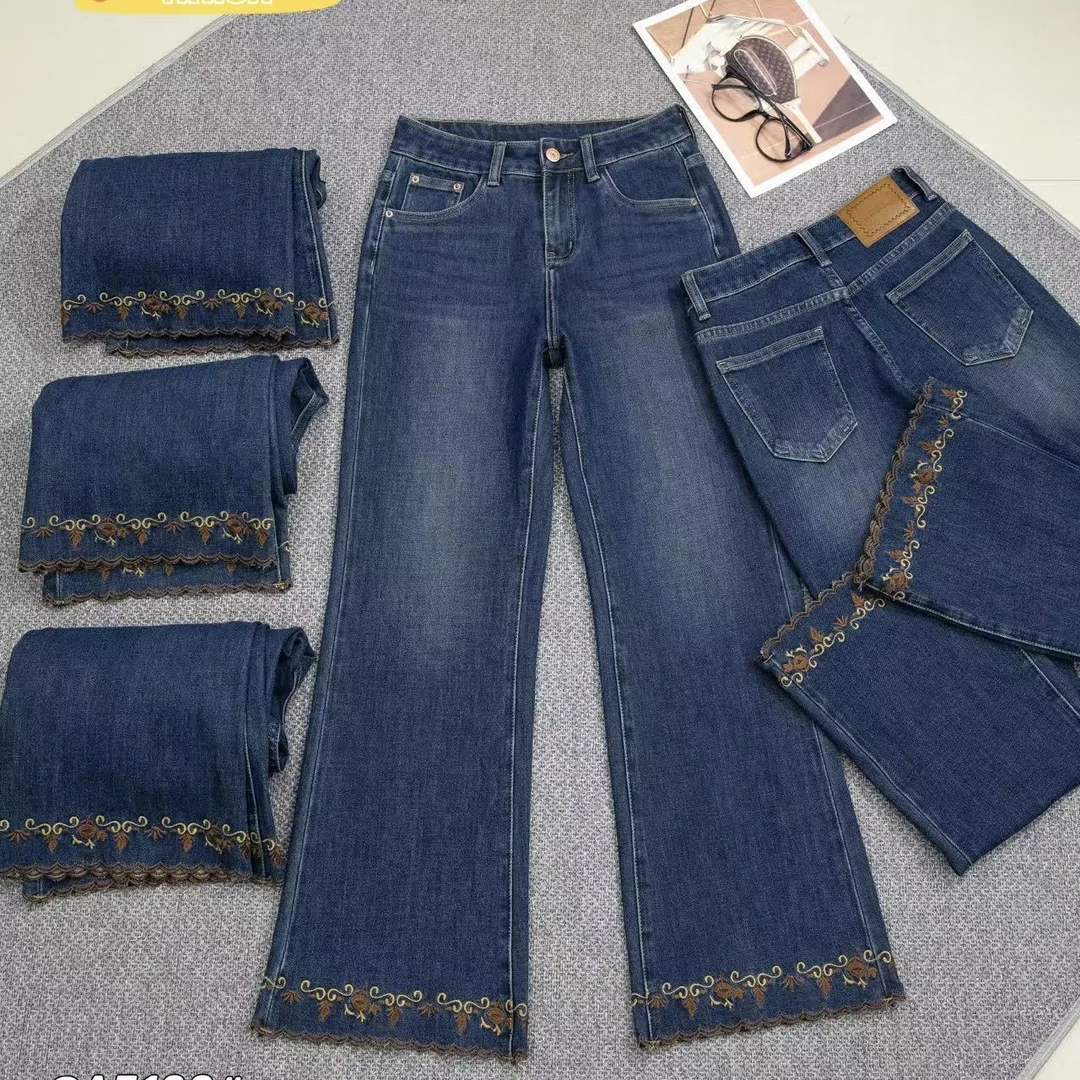 重工刺绣A版高弹高腰显瘦牛仔裤