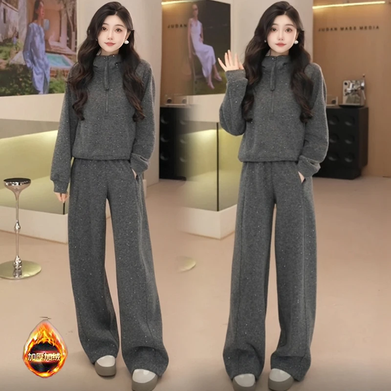 加绒加厚休闲运动套装女秋冬新款韩版洋气连帽卫衣阔腿裤两件套潮