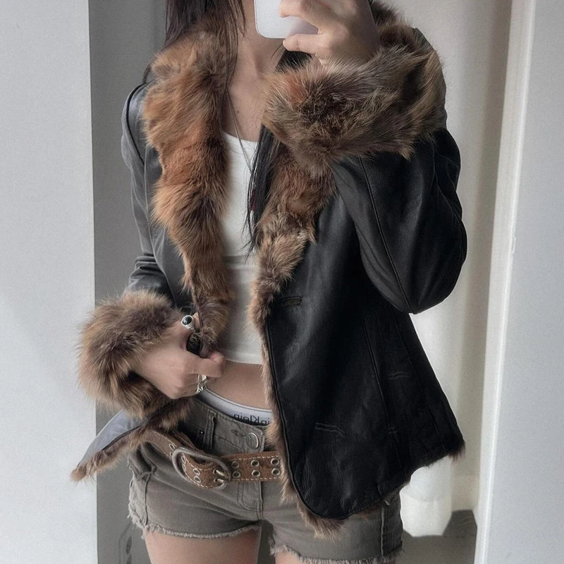 美式秋冬新款拼接毛毛领皮外套女时尚收腰修身保暖夹克上衣短款