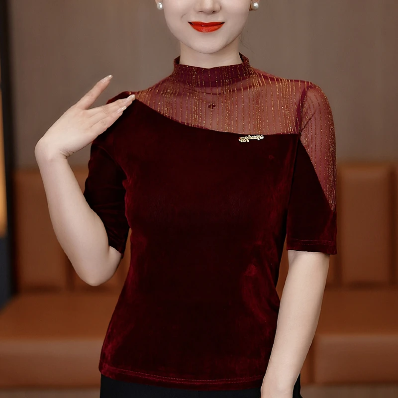 春夏新款不规则拼接五分袖小衫女上衣洋气半高领红色打底衫气质T