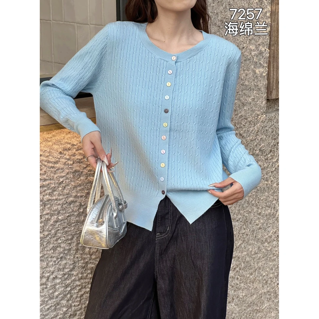 7257爆款开衫纯色针织宽松型圆领麻花秋季新款长袖