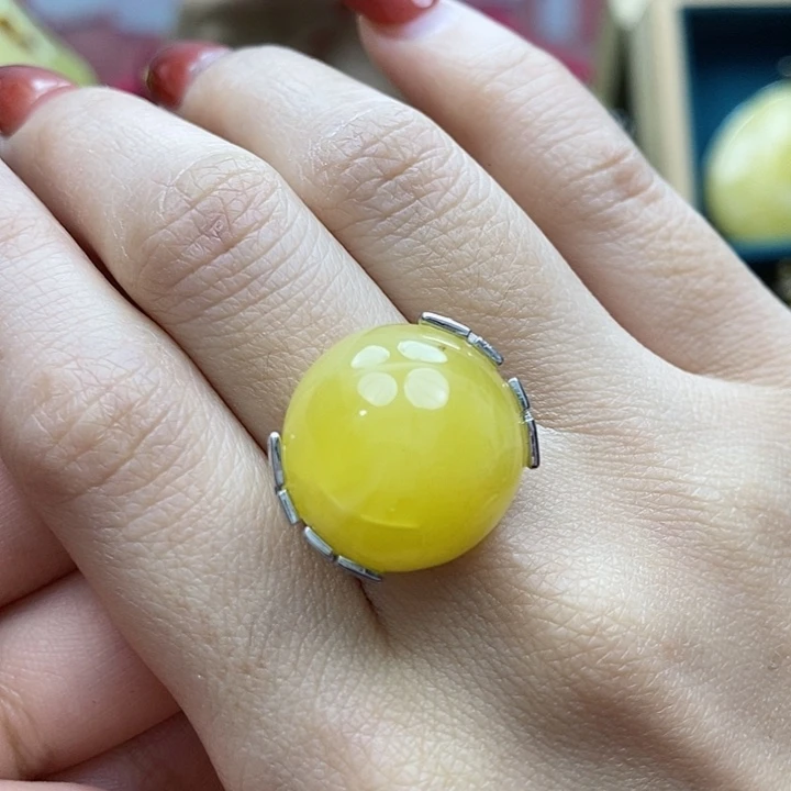 琥珀戒指银S925镶嵌戒指