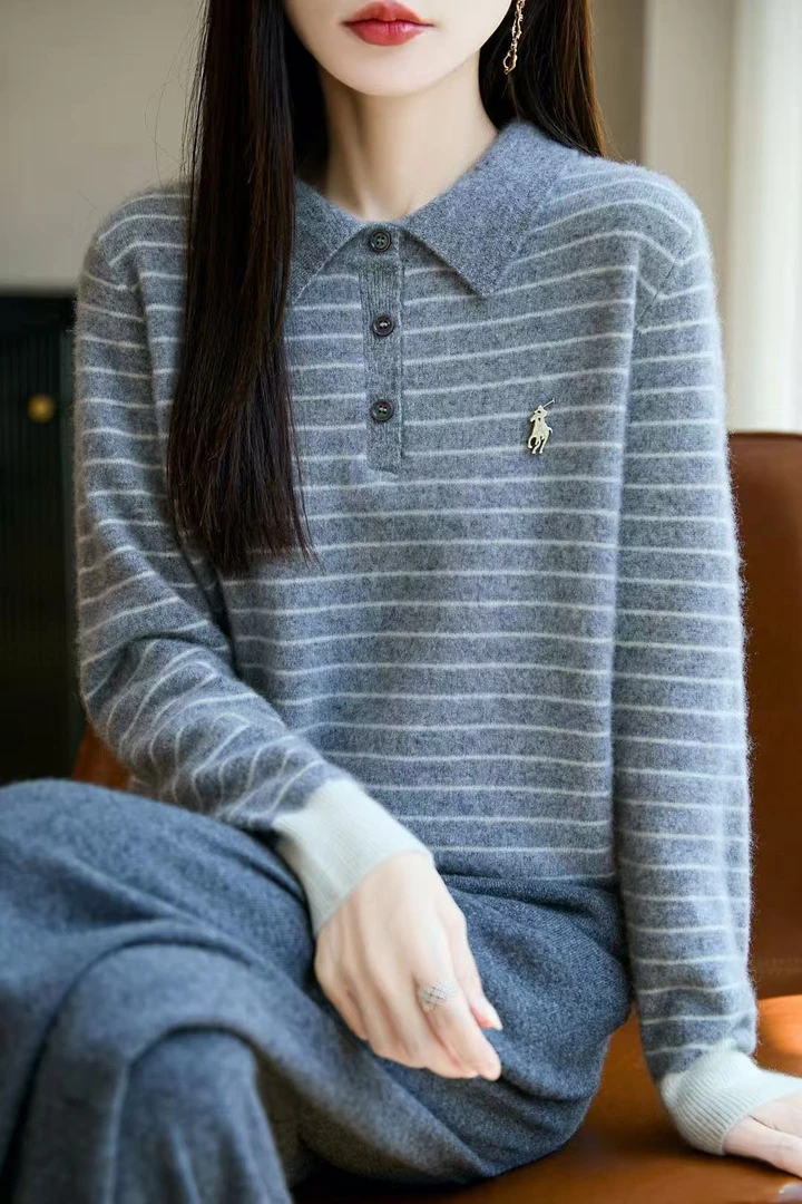 羊绒衫女针织常规POLO领女条纹厚款衫时尚打底衫秋季女士