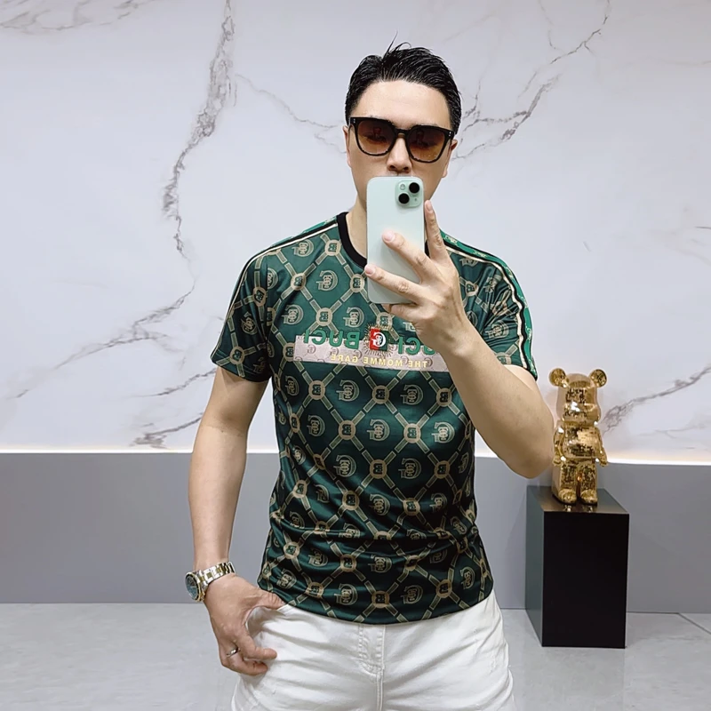 欧洲站春秋新款时尚网红字母烫钻修身弹力圆领短袖男士印花T恤潮