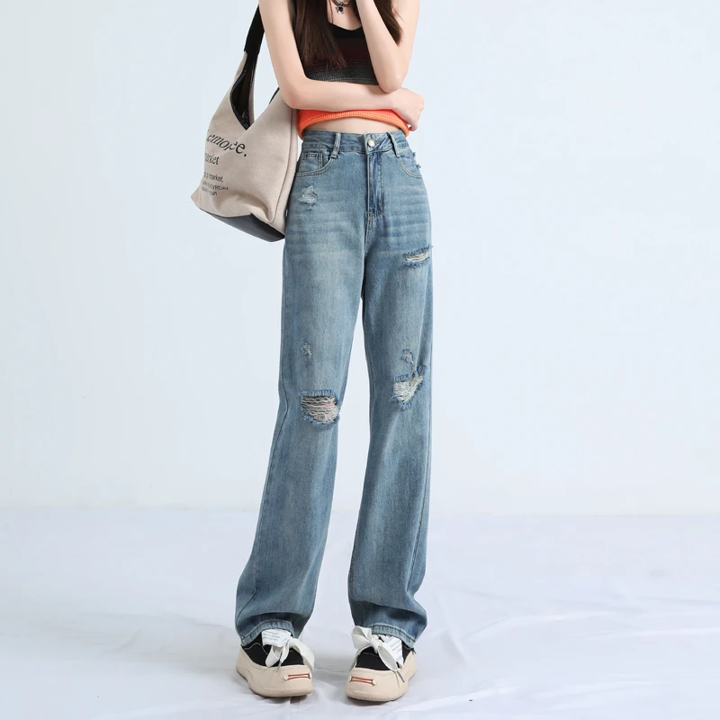 破洞牛仔裤女新款高腰直筒今年流行裤子2025小个子网红穿搭阔腿裤