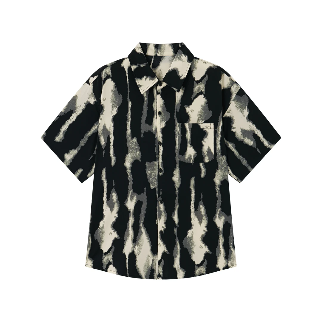 复古短袖渲染条纹男士衬衫印花夏季薄款衬衣潮流街头百搭美式休闲