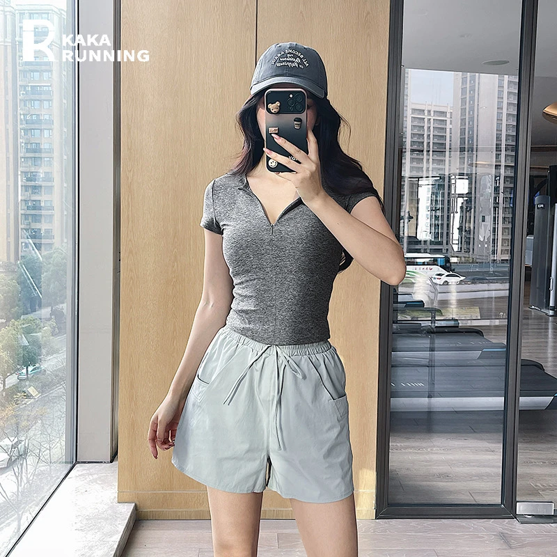 奔跑吧卡卡美式深灰短袖T恤女夏季辣妹收腰修身显瘦瑜伽健身上衣