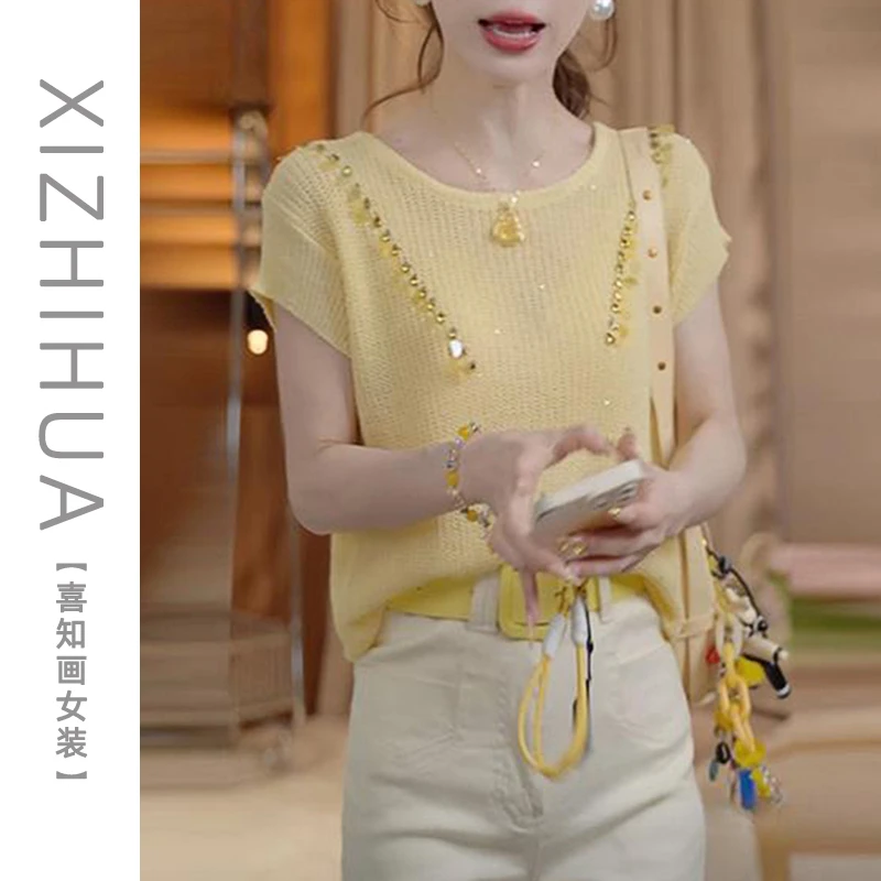 爆款针织短袖T恤女2025夏季新款重工设计感上衣时尚百搭休闲小衫