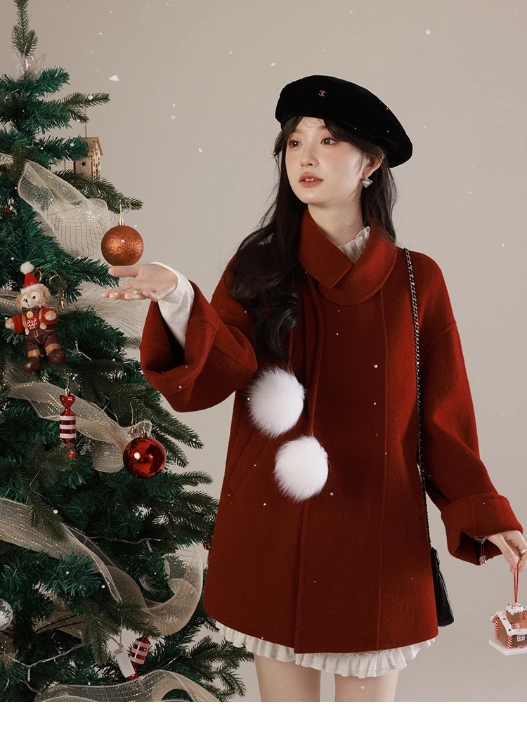 简礼羊绒呢子双面斗篷大衣外套秋冬女士时尚宽松连帽中长款毛呢外