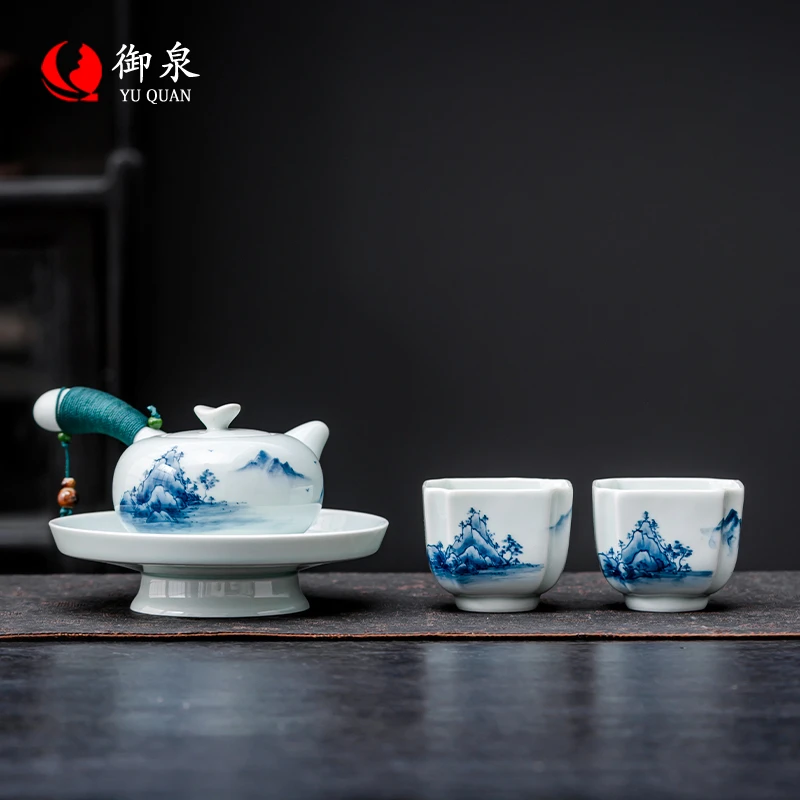 御泉手绘青花功夫茶具套装小套陶瓷侧把壶盖碗送长辈领导伴手礼品