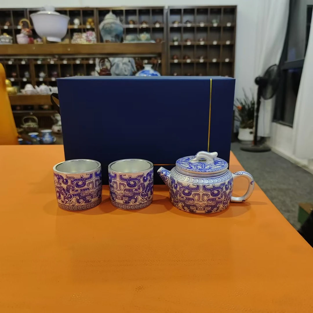 友名 瓷胎包银青花敦煌汉瓦壶一壶两杯小套装家用送送礼套装