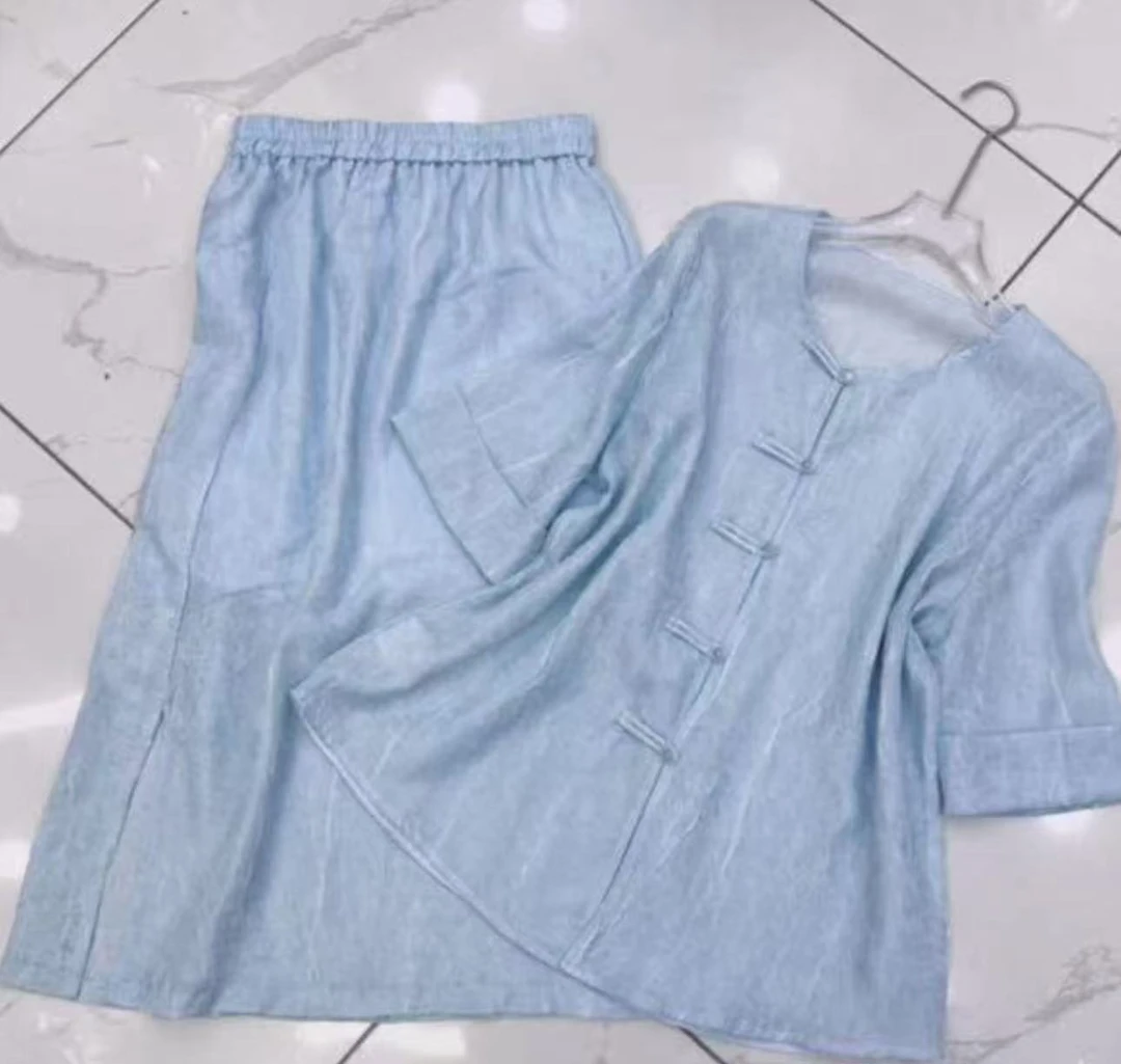 【霓裳】新中式开襟盘珠光提花扎染工艺上衣裙子两件套