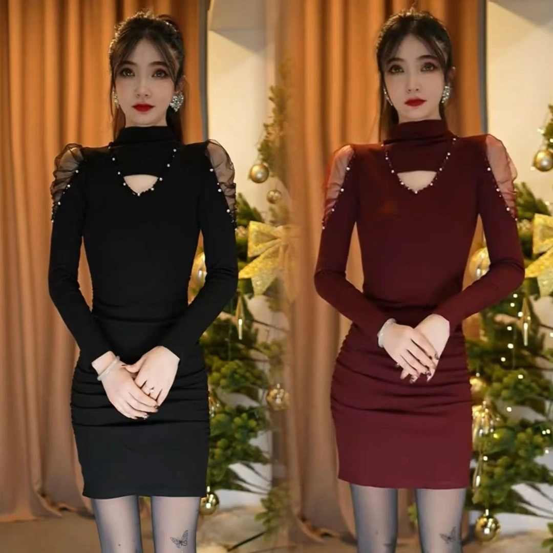 V领镶钻串珠螺纹棉连衣裙褶皱设计高弹力泡泡袖包臀裙