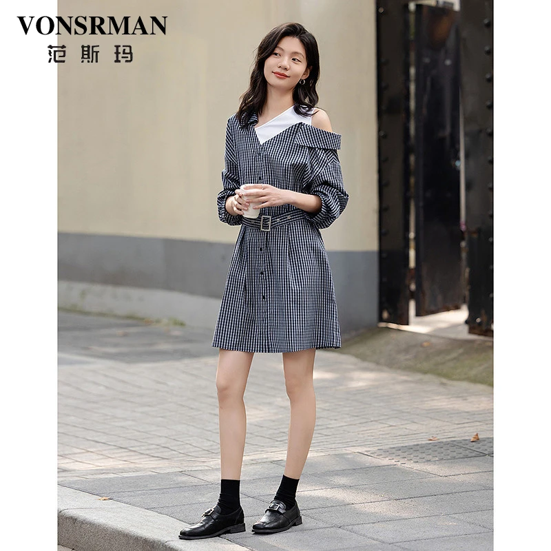 假两件拼接格纹衬衫裙女2025春秋新款设计感腰带中长版洋装复古