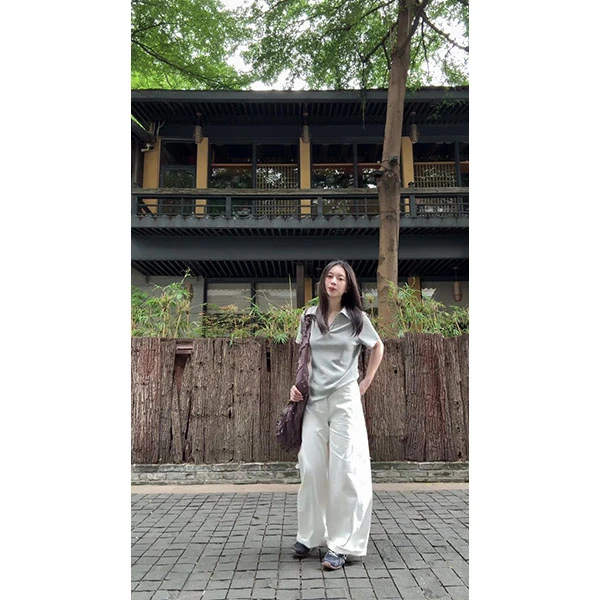 韩系复古灰短袖t恤女夏季学院风百搭松弛感休闲简约上衣长裤套装