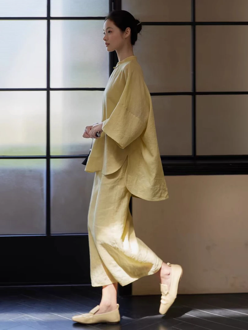 冷淡系极简高级夏季文艺棉麻立领前短后长衬衣下摆开衩半身裙套装