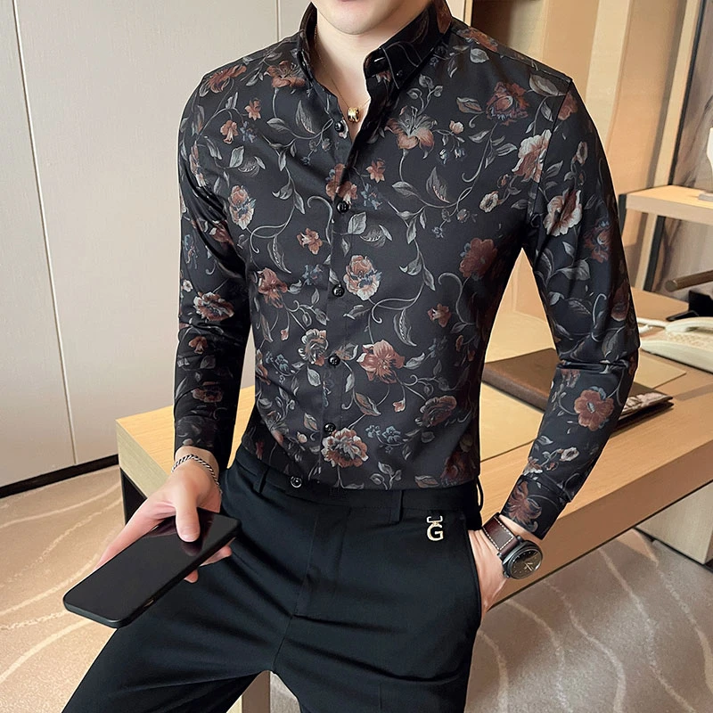 2025新款男士印花长袖衬衫时尚潮流帅气修身花衬衣韩版雅痞上衣男