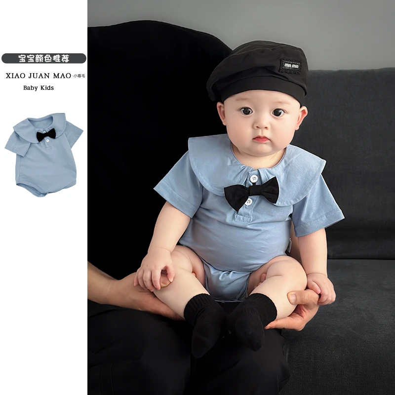 T25X89夏季薄款男宝女宝蓝色学院风纯色洋气短袖蓝色领结包屁外出