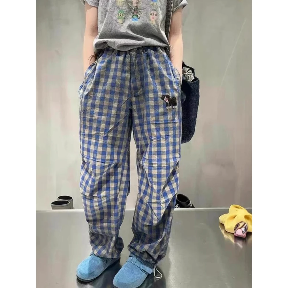 欧洲站2025早秋新款小狗贴布格纹休闲裤女高腰显瘦裤角抽绳直筒裤