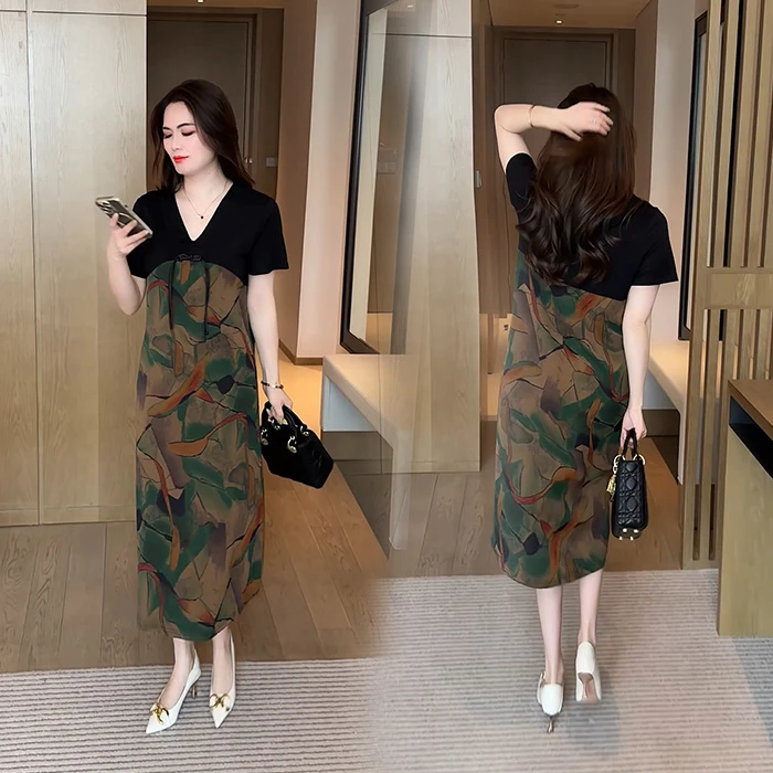 显瘦拼接V领花色裙子夏装新款宽松连衣裙女长款过膝遮肚子2025潮